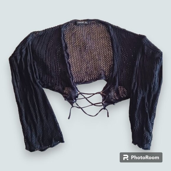 Black Crochet Swimsuit Summer Lace Tie Coverup Womens 3XL/oversized Goth Cropped - Picture 1 of 6